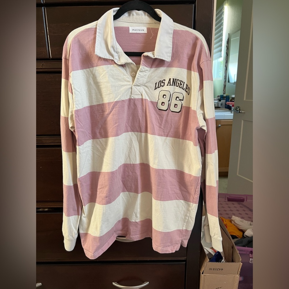 PACSUN Los Angeles 86 striped rugby shirt in pink and white 
women’s XL